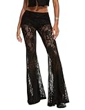 Sunloudy Women Lace Bell Pant Sexy See Through Flare Bottom Leggings Hollow Out Mesh Cover Up Trousers (Black Lace, L)