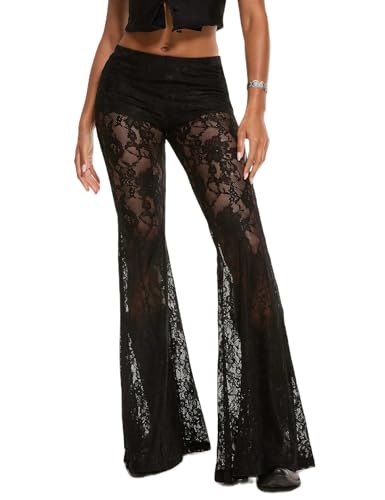 Sunloudy Women Lace Bell Pant Sexy See Through Flare Bottom Leggings Hollow Out Mesh Cover Up Trousers (Black Lace, L)