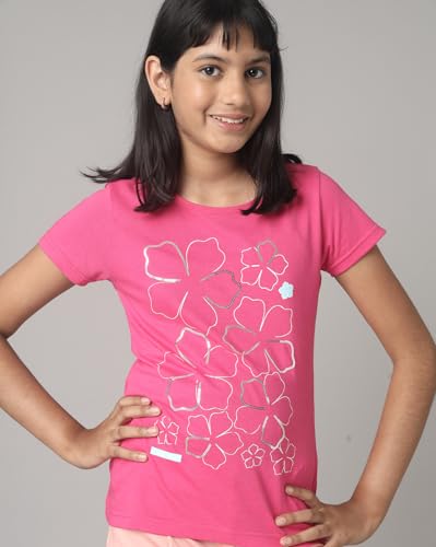 Image of Under Fourteen Only - Girl's T-Shirt | Girls Cotton Round Neck Graphic Printed Half Sleeve T Shirt | Half Sleeve, Fabric - Knits | 14-15 Years (Pink)