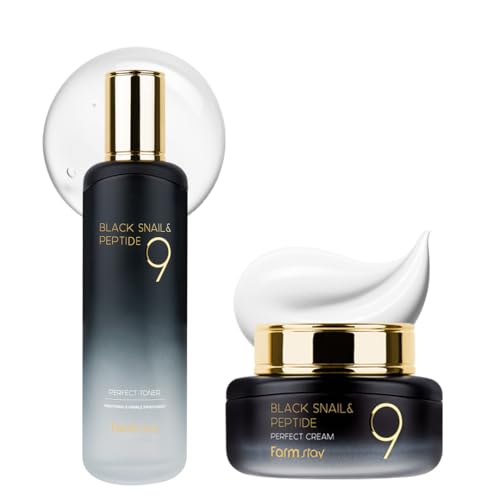 Farmstay Black Snail & Peptide 9 Perfect Toner + Cream, Snail Mucin Toner for Elastic & Glow Skin, Moisturizing & Anti-Aging, Korean Skin Care, for Women & Men