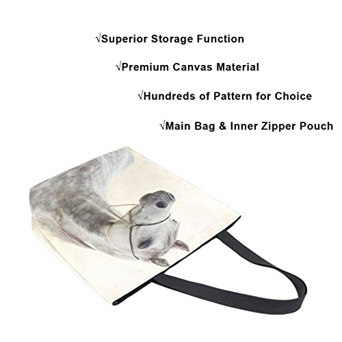 Grand sac fourre-tout toile femme cabas imprimé cheval gris A340