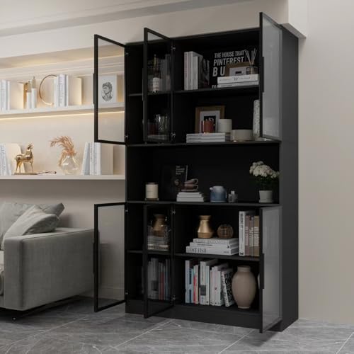 Mekminop Glass Doors Display Cabinet with Lights and Shelves, Storage Cabinets Morden Bookcase Trophy Case Display Cabinet with Hutch for Collectibles - Black (47.2 "W x 16.5 "D x 78.7 "H) - Thumbnail 3
