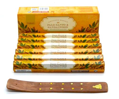 120 x Sandalwood and Palo Santo. sándalo y Palo Santo Varillas de Incienso, 6 Cajas, con Soporte de Madera Decorado, Incienso de Joss, Fragancia casera