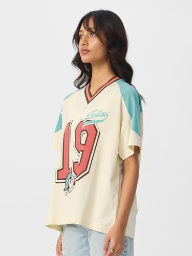 Image of The Souled Store Felix The Cat: Feline Force Women and Girls Short Sleeves V Neck Off White Graphic Printed Cotton Oversized T-Shirts