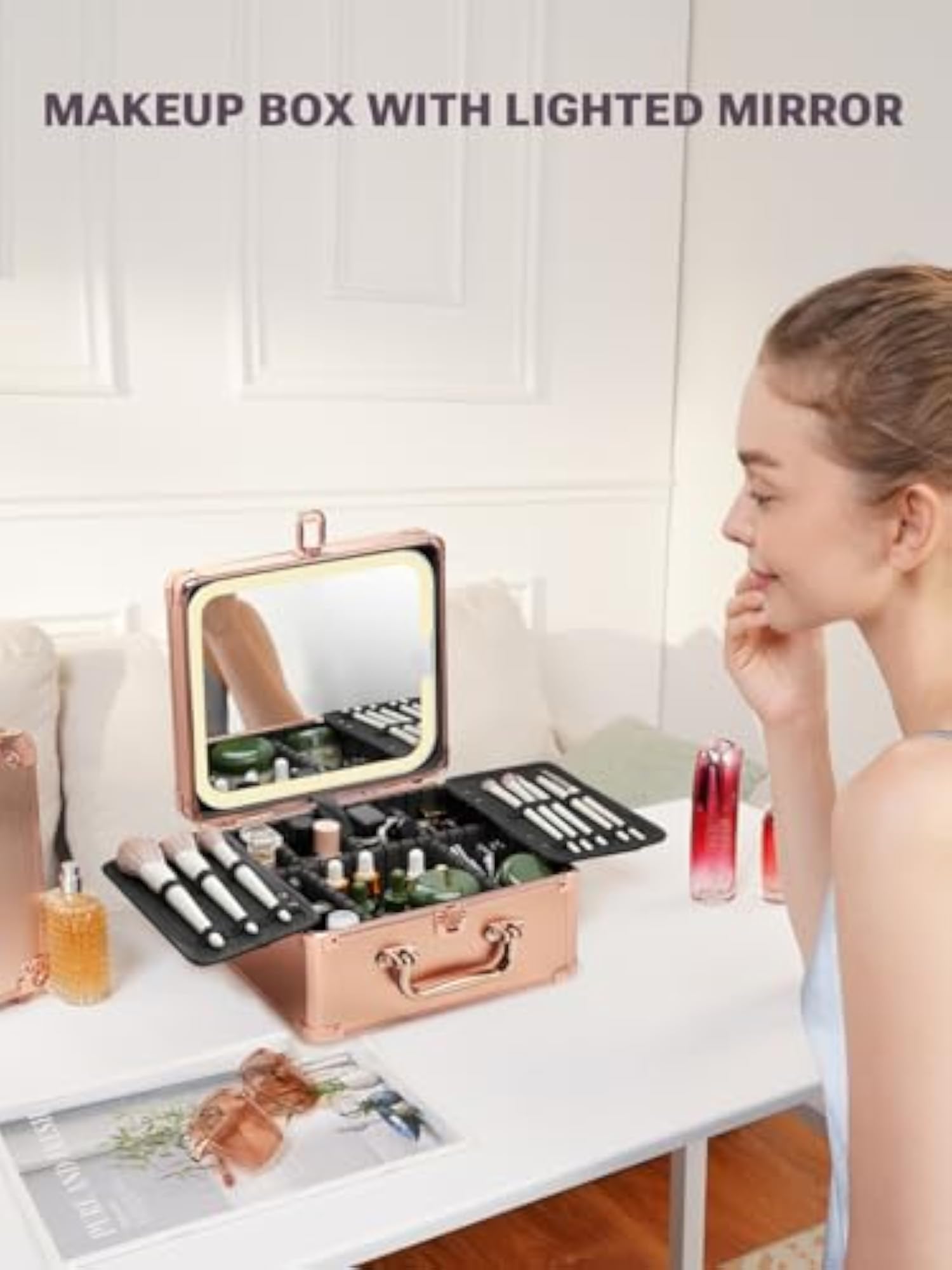 Lighted Mirror Makeup Box with Adjustable Dividers