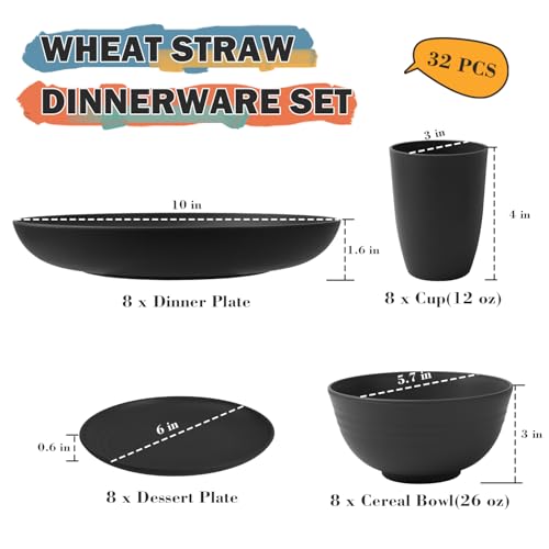 Image of Wheat Straw Dinnerware Sets for 8, 32 PCS Unbreakable Plates and Bowls Sets, Reusable Dinnerware Set for Kitchen Outdoor and Apartment Dinning Essentials - Black