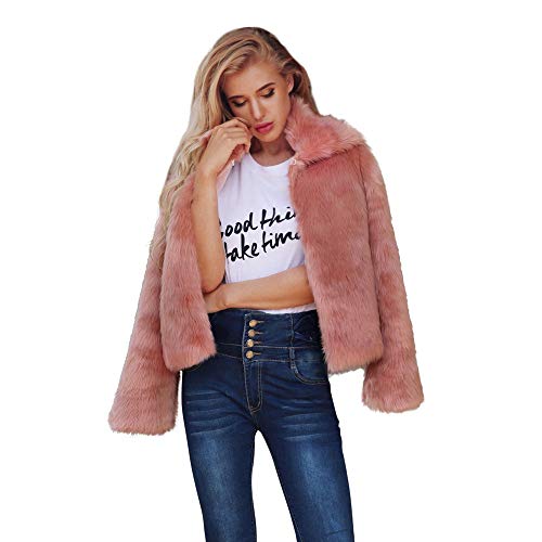 CHIDY Women Winter Solid Faux Fur Fluffy Soft Open Front Long Sleeve Jacket Outwear Warm Coat(Medium,Pink)