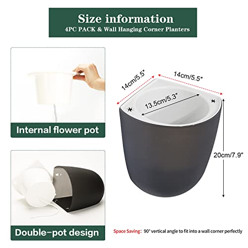 Sungmor Wall Hanging Corner Planters, 4PC Black Wall Mounted Flower Pots, Self Watering Wall Planter for Indoor Plants, Right Angle Corner Hanging Pot, Balcony Home Office Bar Corner Decor - Image 6