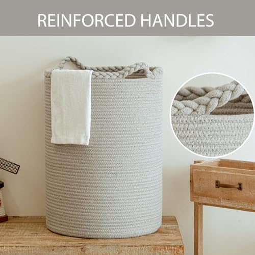 Image of ALBY Woven,Tall Wicker Laundry Basket for Blankets,Clothes,Pillows,Toys,Shoes Large Cotton Laundry Hamper for Bedroom Living Room Bathroom Nursery (72L /Extra Large16 inchD x 22 inchH, PURE GREY)