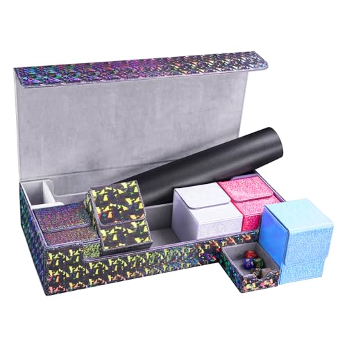 Dmoicols Card Deck Box with 5 Small Boxes and Play Mat,Premium Leather Large Card Storage Box Holds up to 1000+ Cards,TCG/MTG Deck Box for Magic Yugioh Game Trading Cards(Sparkly Black Kit)