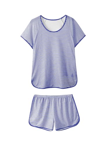Image of Hilinker Women Striped Pajama Set Short Sleeve Top with Shorts Sleepwear Pjs 2 Piece Lounge Sets