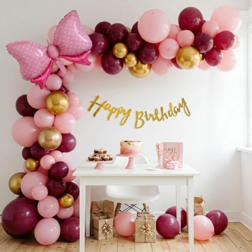 Image of Special You Pink Bow Foil Balloon Theme Birthday Decoration Items for Girls | Burgundy & Pink Pastel Happy Birthday Decor Kit with Golden Chrome Balloons | 49 Items