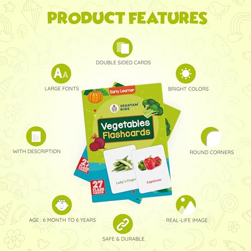 Image of SPARTAN KIDS Vegetables Creative Thinking Flash Cards for Kids | 27 Early Learning Flash Cards Easy & Fun Way of Learning 1 Year to 6 Years Babies