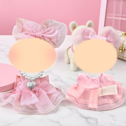Xerteam Rosa Puppenkleidung für 17cm Puppen, Puppekleider Rosa Kleid,Haarschmuck, Liebe Halskette, Edler Runder Rucksack, Süß Prinzessin Stil 17 cm Kleidung Plüsch Puppenzubehör
