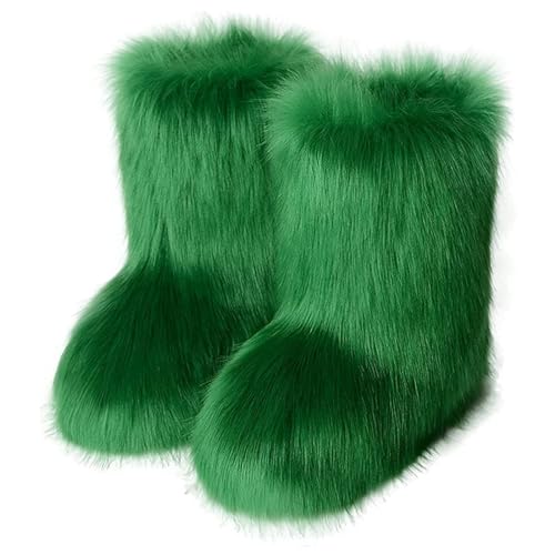 HINDOLA Womens Faux Fur Boots Winter Comfy Plush Warm Snow Boots Fuzzy Fluffy Furry Round Toe Suede Boots Comfortable Winter Ankle Booties Anti Slip Outdoor Indoor Flat Shoes