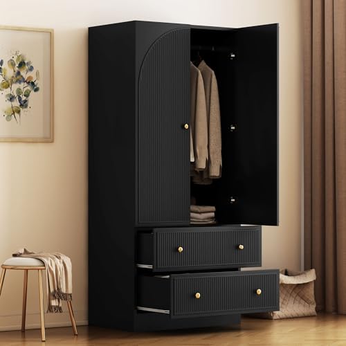 QHITTY-Freestanding-Bedroom-Armoire-Wardrobe-with-2-Drawers-Bedroom-Chest-Clothes-Storage-with-Clothing-Rod-and-2-Storage-Doors-for-Bedroom-Living-Room-Black QHITTY Freestanding Bedroom Armoire Wardrobe with 2 Drawers Bedroom Chest Clothes Storage with Clothing Rod and 2 Storage Doors for Bedroom Living Room Black
