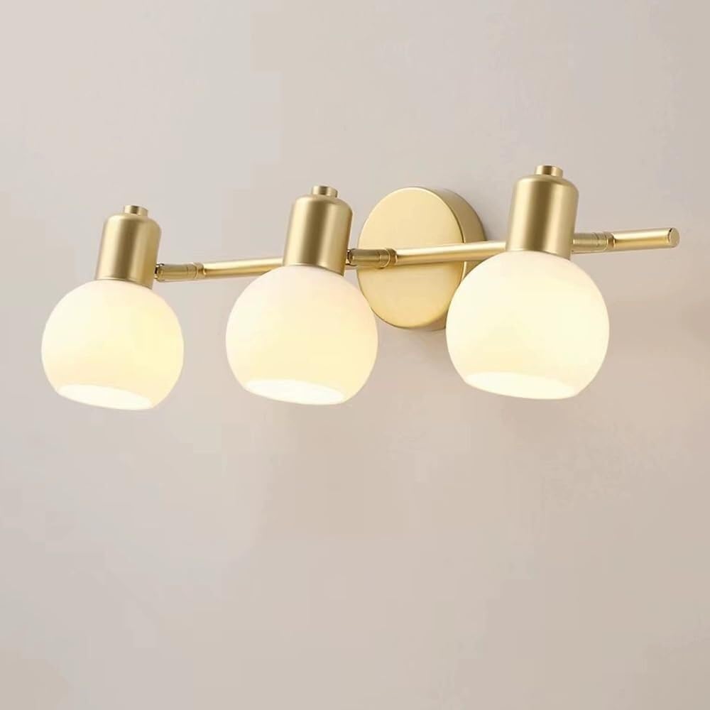 HPTHLY Vintage Wall Sconce, Nordic Hardwired Iron Wall Lamp, Gold Vanity Light, Adjustable Wall Light With White Glass Shade, E14 Bathroom, Study Room, Hallway (One Color-3-Head)