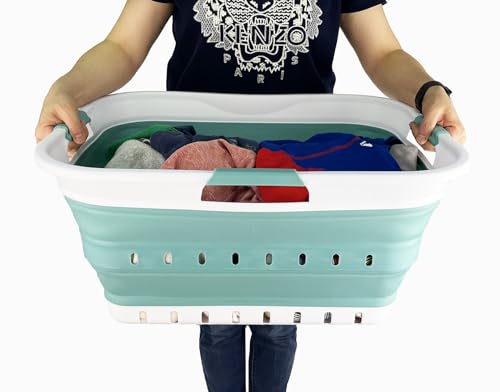 SAMMART 42L (11 gallon) Collapsible Plastic Laundry Basket - Foldable Pop Up Storage Container/Organizer - Space Saving Hamper/Basket (1, White/Celadon Green) - Thumbnail 6