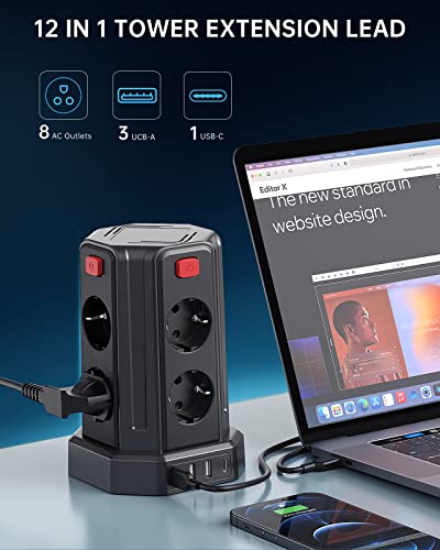 Steckdosenleiste mit 4 USB, Sameriver 8 Fach Mehrfachsteckdose Überspannungsschutz, Steckdosenleiste Steckdose mit Schalter, 3M Verlängerungskabel,Steckdosenturm Mehrfachstecker für Zuhause,Büro – Bild 5