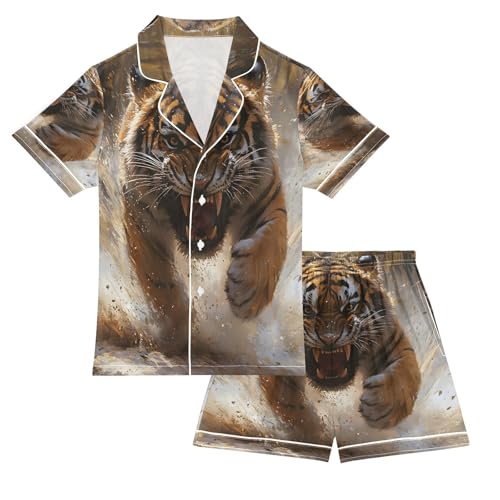 senya Pajama Sets Silky Button Down Nightwear Sleepwear Size 5-14 Years Angry Running Tiger