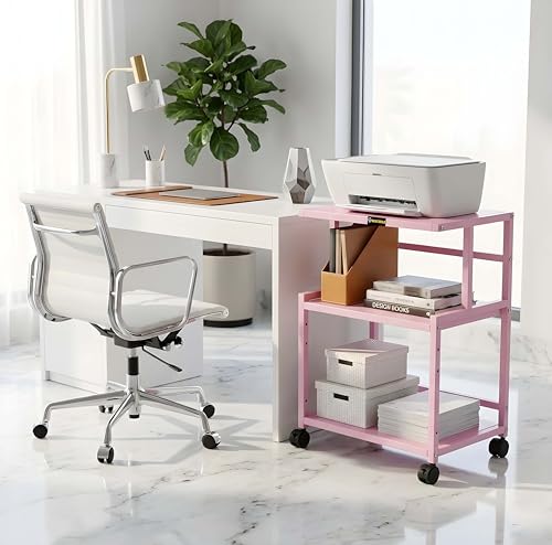 Image of Premium Metal Iron Pink Printer Stand with Wheels - Heavy-Duty & Stylish Storage Solution for Files, and Essentials - Durable, Modern & Perfect for Homes & Offices. (Pink)