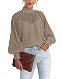 Sunborui Women's Long Sleeve Ruffle Neck Chiffon Blouse High Neckline Relaxed Fit Tops (Brown,XX-Lar
