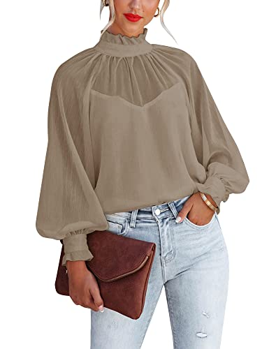 Sunborui Women's Long Sleeve Ruffle Neck Chiffon Blouse High Neckline Relaxed Fit Tops (Brown,Xx-Large,Xx-Large) #TOP10
