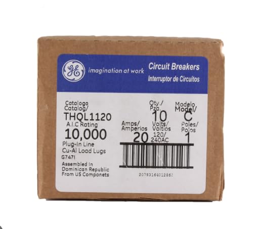 THQL1120 Circuit Breaker - 20 Amp, 1 Pole, Plug-in Connection, Thermal Magnetic Protection, 10kA @120V AIC Rating - Box of 10