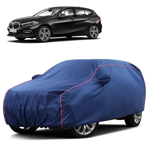 Image of Sulfar 100% Water Resistant Car Body Cover Compatible with Mirror for BMW 1 Series (Triple Stitched, Full Bottom Elastic, Blue Taffeta with Red Piping)
