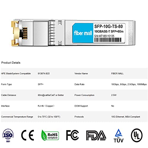 Image of fiber mall 10G SFP+ RJ45 80m for HPE BladeSystem 813874-B22 10GBASE-T SFP+ 80m RJ45 Cat6a /7 Mini-GBIC 10gb Copper R-J45 Transceiver Module