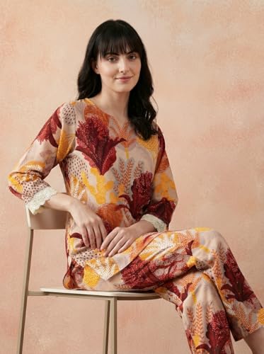 Image of Bee M Pee Designer Trendy Floral Printed Poly Rayon Cotton Kurta Coord Sets for Women | Stylish Casual Kurti Tunic Cord Set with Pant for Woman for Office