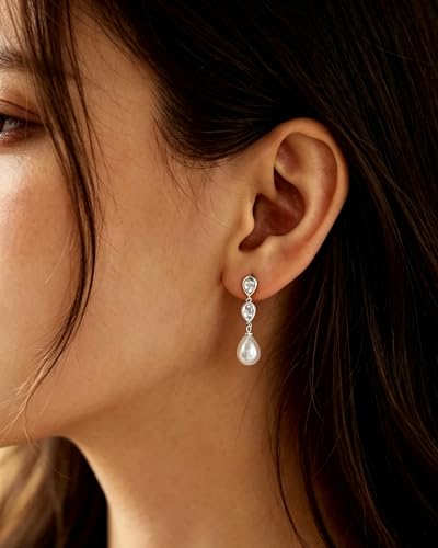 KALOAURA Silver Pearl Drop Earrings for Women, 14K Gold Plated Bridal Dangle Earrings with Teardrop Cubic Zirconia, Wedding Jewelry for Brides, Formal Events, Parties and Gifts — view 5