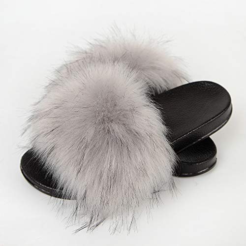 Image of MH Bailment Womens Furry Fluffy Slippers Faux Fur House Slippers Open Toe Fuzzy Slides Soft Flat Slip On Sandals for Indoor Outdoor