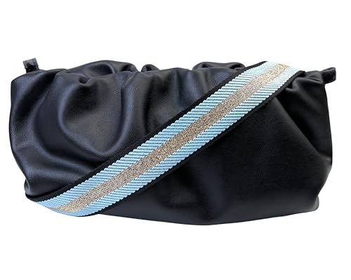 Image of Light Blue and Gold Thread Stripe Webbing Purse Strap with Gunmetal Black Hardware 1-1 /2 Inch Wide Replacement Crossbody Guitar Style Adjustable Shoulder Strap for Handbags Totes