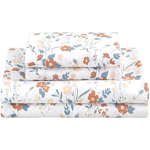 Softan Floral Queen Sheet Set Orange Flower Bed Sheets Queen Printed Sheets Queen - 4 Piece Soft Microfiber Patterned Fitted Sheets Queen with 15" Deep Pocket Cover