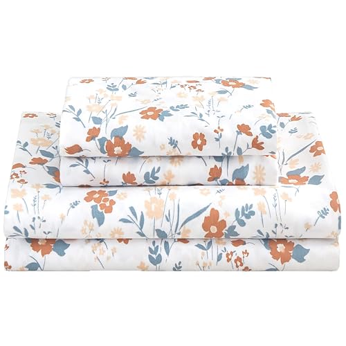Image of Softan Orange Flower Sheets for King Size Bed Floral Bed Sheets King Printed Sheets - 4 Piece Soft Microfiber Patterned Fitted Sheets King with 15 inch Deep Pocket