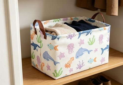 Image of Essme Rectangular Basket, Storage Basket with Handles for Room Decor,Ocean Storage Bin(Ocean)
