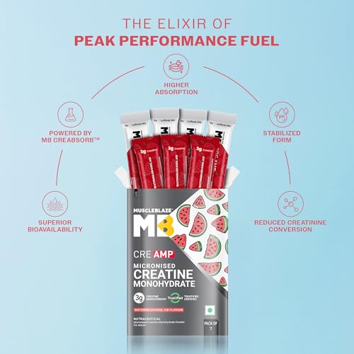 Image of MuscleBlaze Micronised Creatine Monohydrate CreAMP Powder, 7 Sachets | Watermelon Kool Aid | Trustified Certified Creatine | Travel Pack