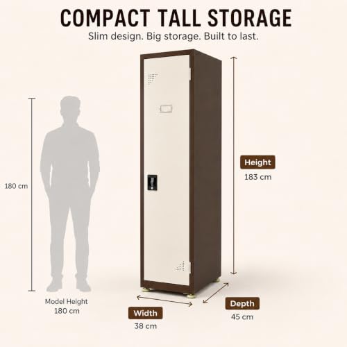 Image of Amazon Brand - Solimo Single Door Steel Locker Cabinet with 4 Shelves & Hanging Rod | Lockable Metal Storage Cupboard for Home, Office, Gym, School & Factory | Powder Coated, Brown