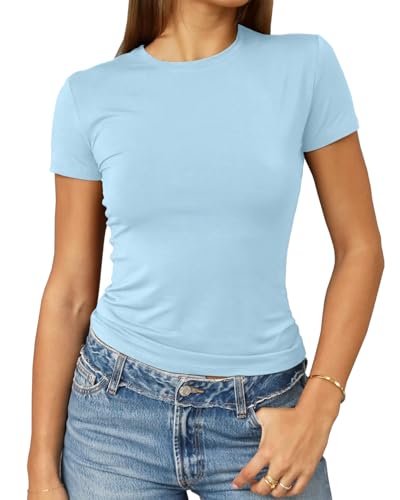 Abardsion Women's Casual Basic Going Out Crop Tops Slim Fit Short Sleeve Crew Neck Tight T Shirts 2025 (Light Blue, S)