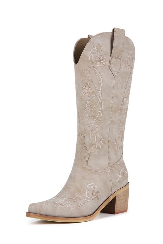 ZJA Womens Mid Calf Western Cowboy Boots Cowgirl Floral Embroidered Chunky Heel Block Pointed Toe Pull-On Boots