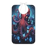 KAAVIYO Red Octopus Blue Flower Waterproof Adult Bibs With Crumb Catcher for Women Men Feeding Bib Apron for Elderly Senior