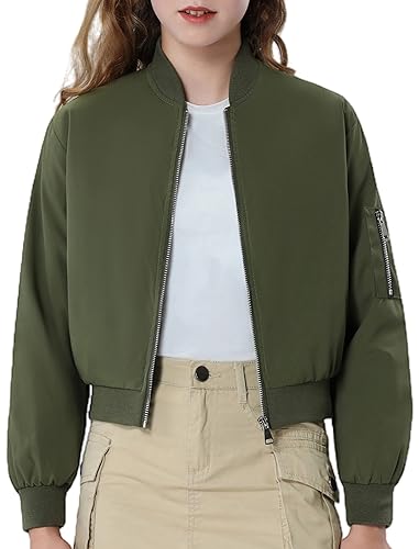 Mebius Girl's Cropped Bomber Jacket with Pockets Kids Classic Zip Up Flight Jackets Youth Casual Pilot Coat 6-12Y