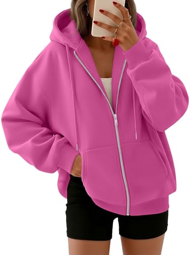 Trendy Queen Womens Zip Up Hoodies Oversized Sweatshirts Fall Fashion Spring Outfits Casual Jackets 2026 Winter Clothes Hot Pink M