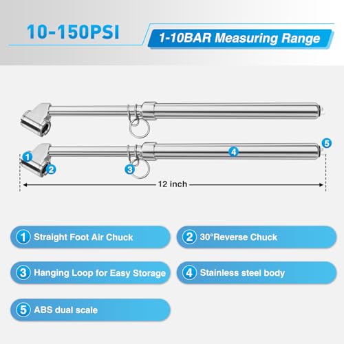 Image of Nilight Dual Head Tire Pressure Gauge Heavy Duty Truck Air Chuck Range 10-150PSI 1-10Bar Tire Pressure Checker Straight-On Tire Air Gauge Extended Tube for Semi Truck, RV, Car, Motorcycle
