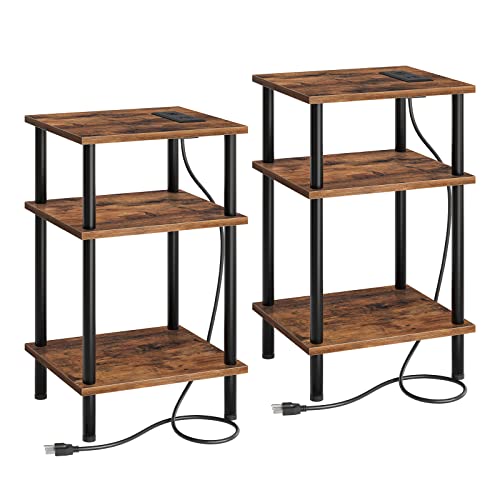 Hoobro Set Of 2 Side Tables With Charging Station And Usb Ports, 3-Layer Stackable Nightstand, 23.2 Inches End Table For Small Space In Bedroom, Living Room, Industrial Style, Rustic Brown Bf10Ubzp201 #TOP10