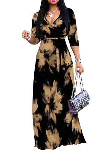 Image of Plus Size Maxi Dress for Women V Neck Flowy Dresses with Pockets for Wedding Guest Church