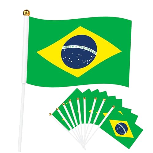 Lot de 10 Petits Drapeaux Bresil, 21x14cm Petit Drapeau Bresil avec Bâton en Plastique Mini Drapeau Brazil pour Eurovision Jardin Bar Euro Compétition Sportive,Coupe du Monde football Fêtes Décor