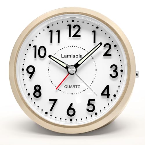 Image of Lamisola 4 Inch Alarm Clock for Bedrooms, Small Analog Desk Clock, Gold | Battery Operated Bedside Clock for Bedroom Bathroom Home Nightstand Shelf, Night Light Snooze, Minimalist Clocks for Seniors