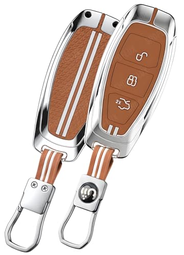 Image of SHOPOFLUX Metal Key Cover Compatible for Ford Ecosport 3 Button Smart Key (Brown Silicone)